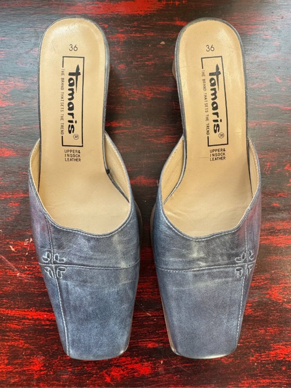 Tamaris Leather Mule Slides Women's EU 36 / US 5.5–6 Blue Block Wooden Heel